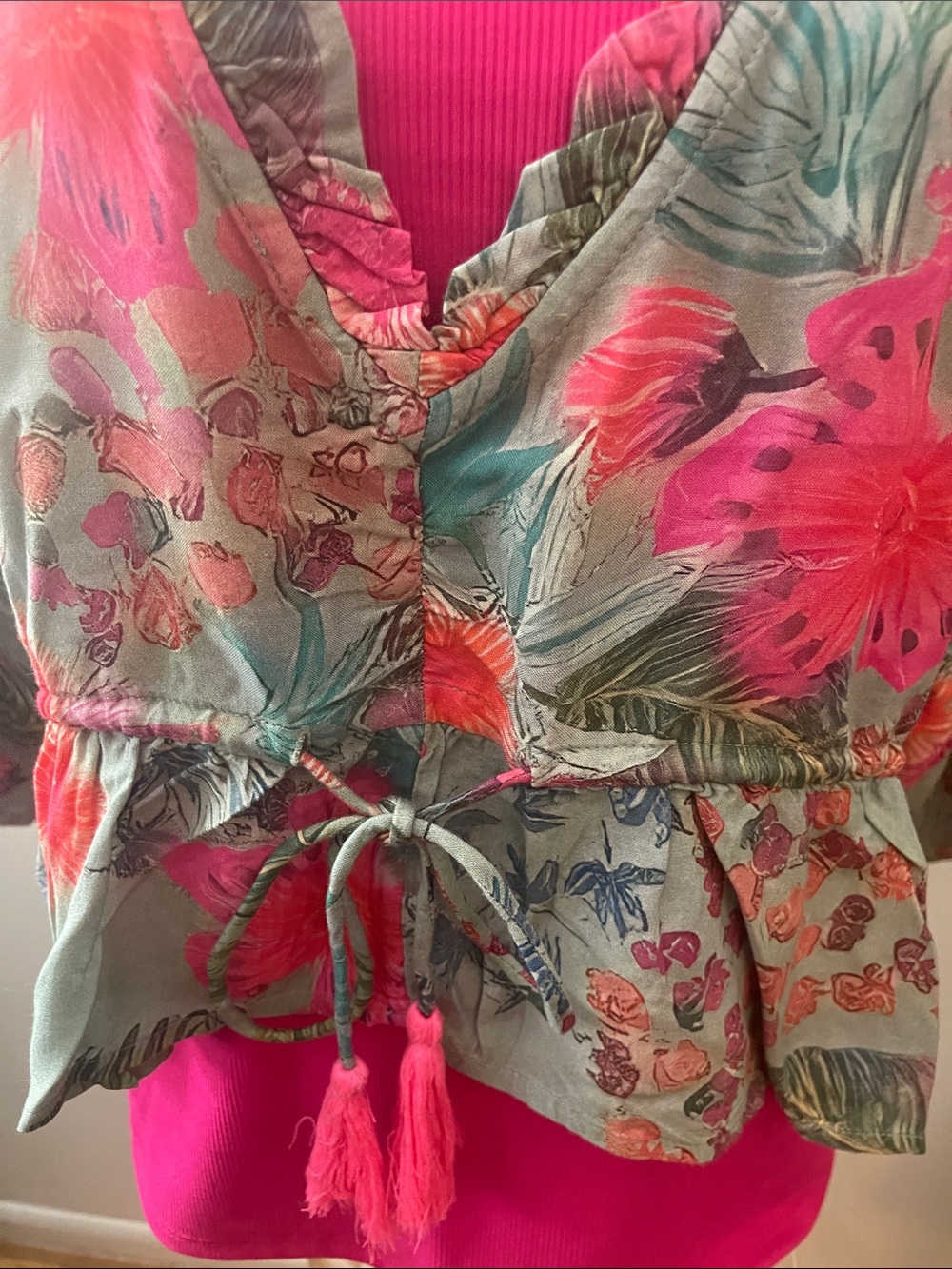 NATURAL LIFE Floral Tie-Waist Crop Ruffle Top - Pink & Moss Green - Picture 3 of 10